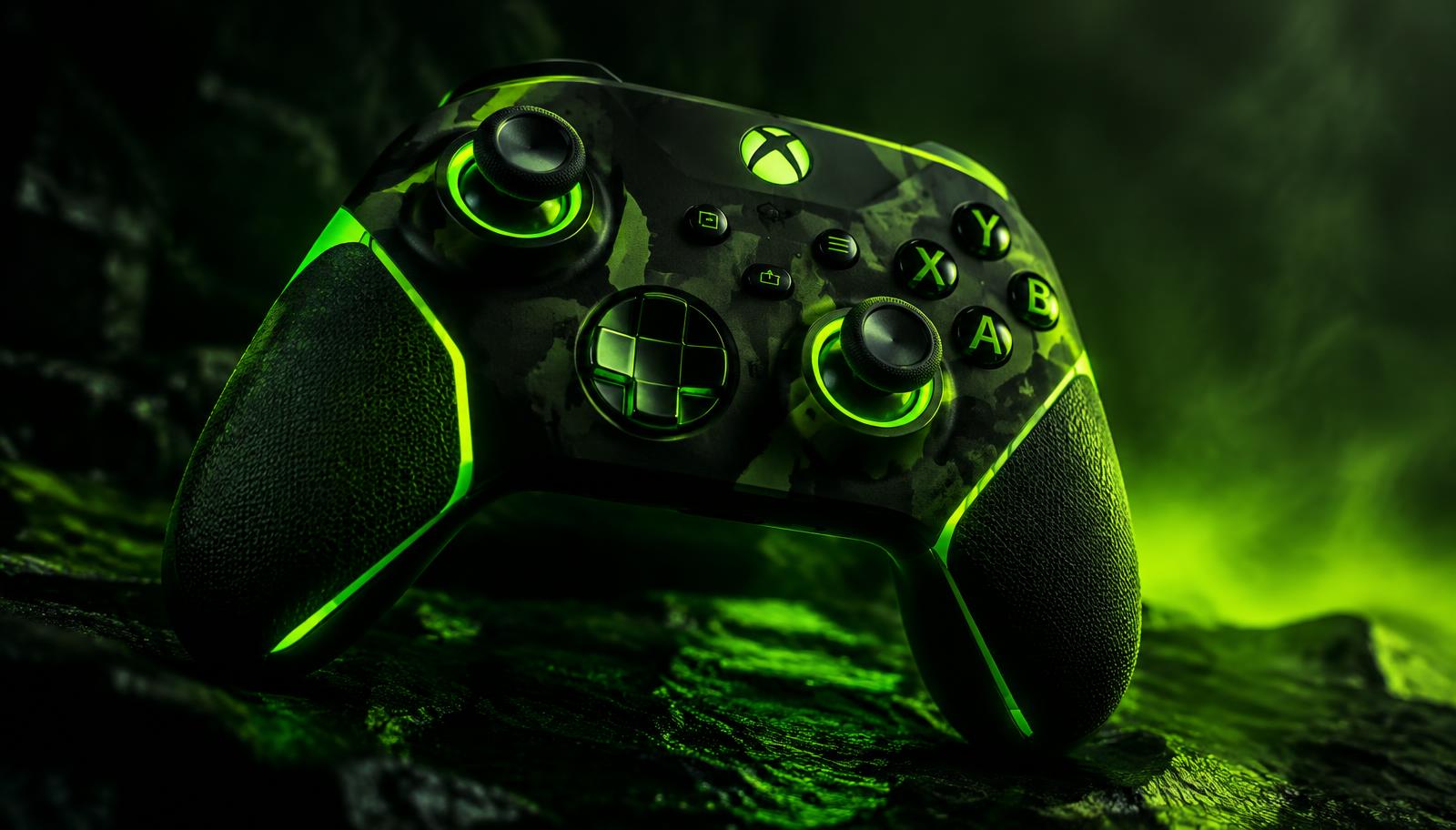 Custom Xbox controller glowing with electric lime-green accents on a dark background